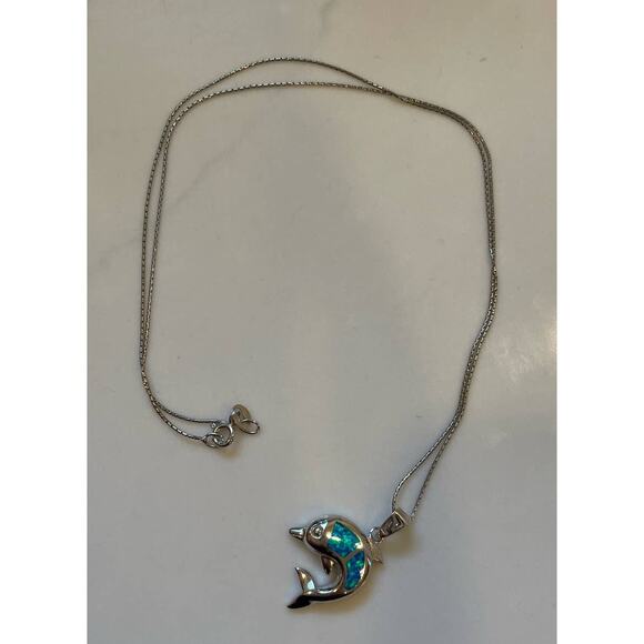 STERLING SILVER NWOT Blue Dolphin Pendant Necklace - Picture 1 of 5